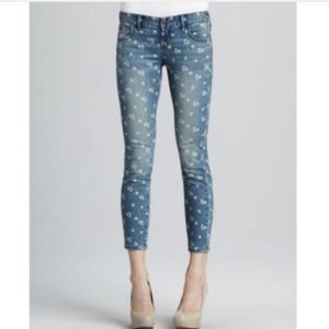 Free People Skinny Jeans White Floral Polkadots 25